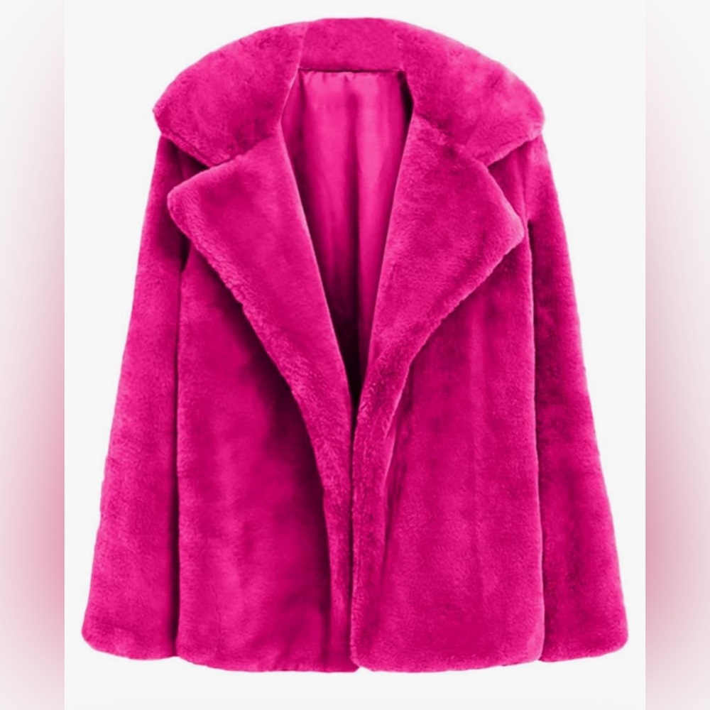 HAUSEN Hot Pink Faux Fur Jacket Coat Size Large Furry Teddy Worn Twice Peacoat